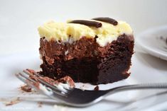 a piece of chocolate cake on a plate with a fork