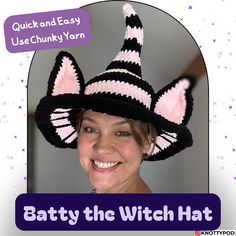 a woman wearing a crocheted hat with cat ears on it and the caption says, batty the witch