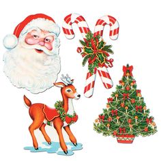 a christmas scene with santa claus, candy canes and a deer next to a tree