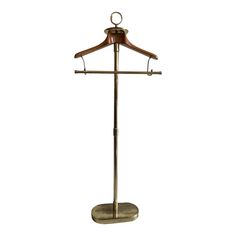 a coat rack with a wooden hanger and metal bars on the top, against a white background