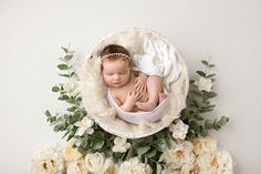 a newborn baby is curled up in a basket surrounded by flowers