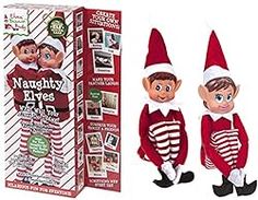 two elfs are standing next to each other in front of a box and package