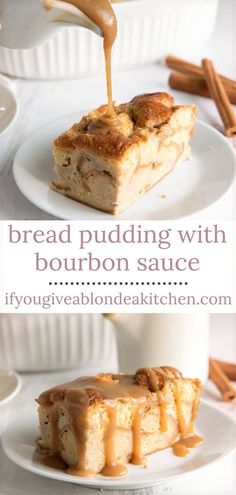 bread pudding with bourbon sauce on a white plate