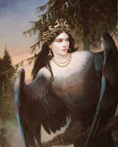 a painting of a woman with large black birds on her arm and head, wearing a tiara