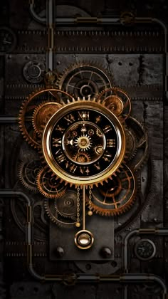 a clock with gears attached to it's sides in the middle of a wall