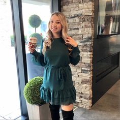 Long Sleeve Dark Green Dress With Ruffles On The Skirt Long Sleeve Dress With Pockets, Baby Doll Dress Outfit, Green Baby Doll Dress, Babydoll Dress Outfit, Doll Dress Outfit, Skater Dress Outfit, Green Skater Dress, Dark Green Dress, Outfit Styling