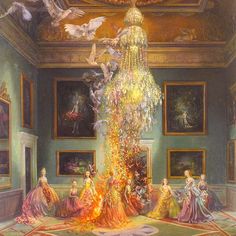 a painting of women dressed in evening gowns around a chandelier hanging from the ceiling