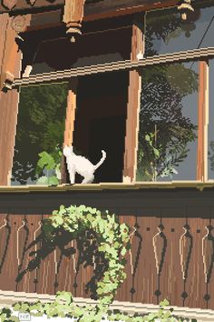 a white cat sitting on top of a window sill next to a green bush