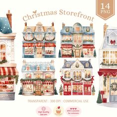 the christmas storefront is shown in watercolor and ink, with different buildings on each side