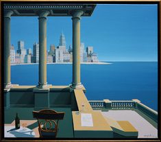 an image of a painting of a city by the water with columns and chairs on it