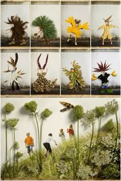 several pictures of people and plants made out of paper