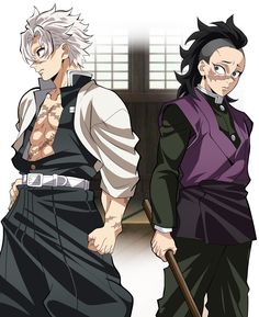 two anime characters are standing side by side with one holding a cane and the other looking down