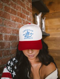 Retro Red Hat For Outdoor, Trendy Cap For 4th Of July, Red Beach Cap, Retro Red Summer Hats, Red Trucker Hat For Beach, Red Americana Hat For Summer, Red Americana Hat With Curved Brim, Americana Snapback Hat For 4th Of July, Red Adjustable Trucker Hat For 4th Of July