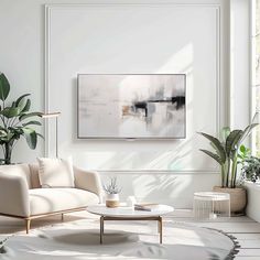 a living room with white walls and plants in the corner, along with a large painting on the wall