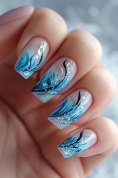 nail art Rain Droplets, Blue And Silver Nails, Bridal Nails Wedding, Feather Nails, Wedding Nails Glitter, Nails For Bride, Art Deco Nails, Nails Brown, Spring Acrylic Nails