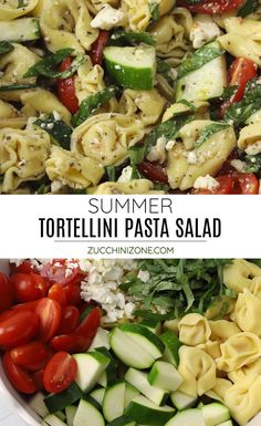 a bowl filled with pasta, cucumber and tomato salad next to the words summer tortelli pasta salad