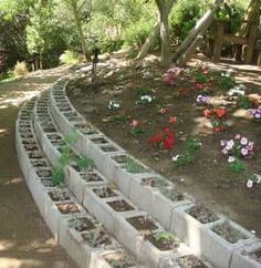 the garden is lined with concrete blocks and flowers