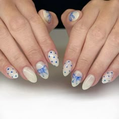 Blue Nails Acrylic Design Art Ideas, Boston Nails Designs, Bow And Polka Dot Nails, Nail Ideas Trendy 2024, Cute Nail Designs For Really Short Nails, New Trendy Nail Designs, Creative Nail Art Ideas, Cute Polka Dot Nails, Gel X Nail Designs Blue