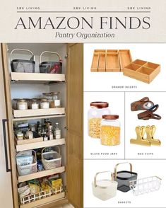 an open pantry door with the words amazon finds on it and pictures of items inside