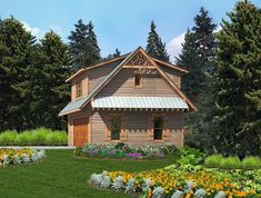 an image of a small house in the middle of some flowers and grass with trees around it