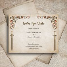 an old fashioned save the date card with two swords and flowers on it, sitting next to each other