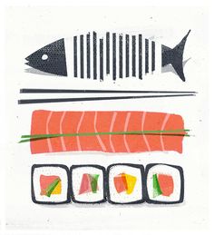 an illustration of sushi with chopsticks and fish