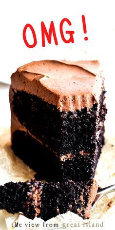 a piece of chocolate cake sitting on top of a white plate with the words omg written above it