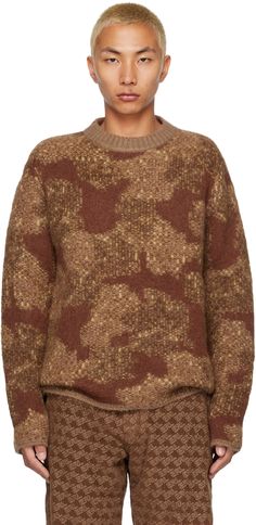 Brushed knit mohair and nylon-blend sweater. Jacquard graphic pattern throughout. · Rib knit crewneck, hem, and cuffs · Dropped shoulders Supplier color: Brown Brown Crewneck, Animal Print Sweater, Animal Sweater, Jacquard Sweater, Jacquard Pattern, Print Sweater, Knitwear Men, Jacquard Knit, Knit Crewneck