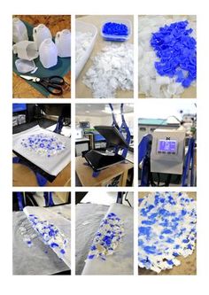 the process of making blue and white paper flowers is shown in several different stages of development