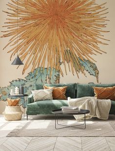 a living room with a green couch and large sunburst on the wall behind it