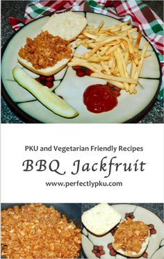 the bbq jackfruit is served on a plate with fries and pickles