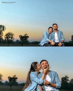 a man and woman sitting on top of each other in front of a sunset sky