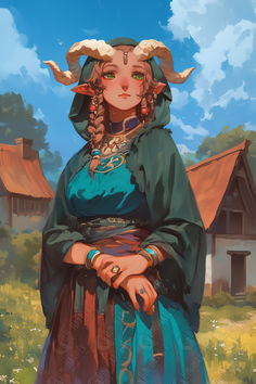 a painting of a woman with horns on her head standing in front of a house