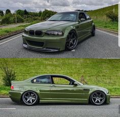 two pictures side by side of a green car and the same one with black rims