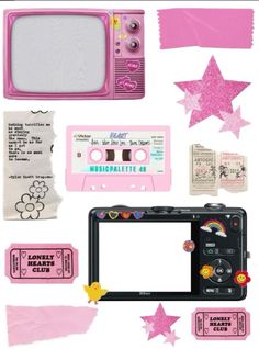 an old school pink camera surrounded by stickers, tags and other items to make it look like a tv