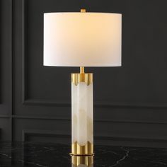 Safavieh Chavez Alabaster Table Lamp - White and Gold | Table Lamps | Modishstore Greco Roman, Roman Columns, Luxury Lamps, White Alabaster, Gold Lamp, Chic Interior, White Table Lamp, Bedroom Lighting, Fabric Shades