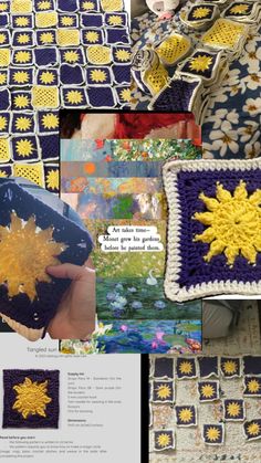 the crocheted blanket has been made with yellow and blue yarns, along with pictures of flowers