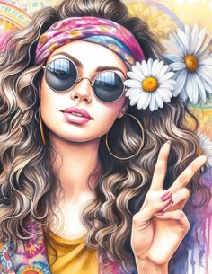 a painting of a woman wearing sunglasses and a bandana holding up her peace sign