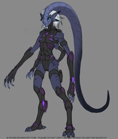 an animated creature with blue eyes and purple hair, standing in front of a gray background