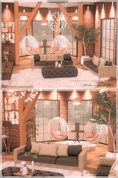 three different views of a living room with couches, tables and chairs in it