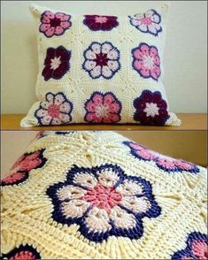 crocheted pillow with flower pattern on it and another photo of the same cushion