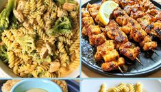 four different pictures of food including pasta, chicken and broccoli on skewers