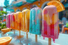 colorful popsicles with orange slices on them