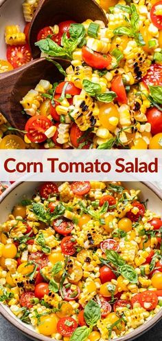 corn tomato salad in a white bowl with a wooden spoon on the side and an image of