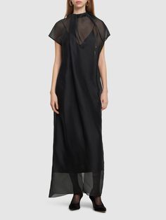 Back button closure. Lined. Model is wearing a size2 Khaite Dress, Sheer Cape, Silk Long Dress, Organza Gowns, Silk Dress Long, Maxi Jersey Dress, Silk Slip Dress, Dress Home, Silk Slip