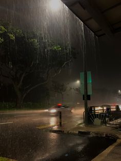 a car driving down a rain soaked street at night