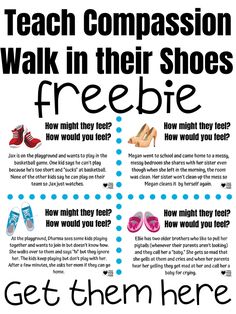 a poster with the words teach comparison walk in their shoes freebie