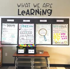 a classroom with posters on the wall and writing on the walls that say what we are learning