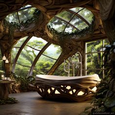 an artistic bathroom in the shape of a tree house with circular windows and wooden furniture