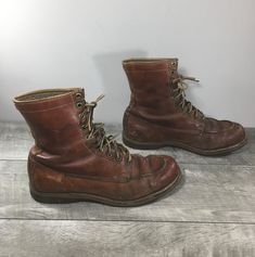 "Up on ETSY for buy it now is a pair of good condition, Vintage Wood N Stream by Weinbrenner Brown Leather Women's Work Lace Up Soft Toe Boots. Very thick and sturdy boots with great patina. Size 8.5. Leather uppers. Rubber soles. From smoke-free home. Clean inside and out. Very well built and sturdy. Approximate Outside Dimensions: 11.25 inches heel to toe by 3.75 inches across the ball of footwear by 1 inches tall heels by 7.75 inches tall.  Please check out the pictures. If you need more pictures or information regarding the item, please send them to me. Please keep in mind that all of my items are vintage, gently used, unless otherwise indicated in the listing. Like what see out of my listings, check us out and \"Like\" us on Facebook under \"Tyjahn\" for pics of our NEWEST picks. Than Tall Heels, Womens Booties, Booties Ankle Boots, Toe Boots, Vintage Wood, Boot Shoes Women, Leather Women, Bootie Boots, Brown Leather